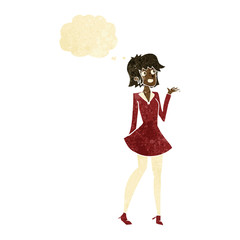 cartoon pretty woman in dress with thought bubble