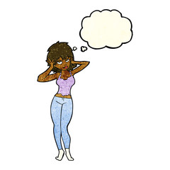 cartoon pretty woman with thought bubble