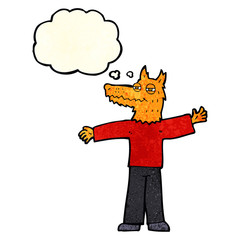 cartoon happy fox man with thought bubble