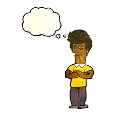 cartoon man with folded arms with thought bubble