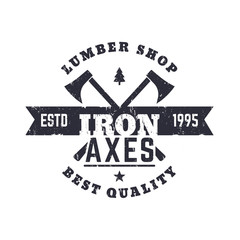 lumber shop vintage logo, logotype, emblem with lumberjacks axes, vector illustration
