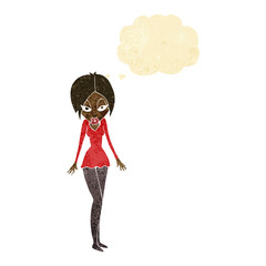 cartoon woman in short dress with thought bubble