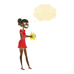 cartoon woman clapping hands with thought bubble