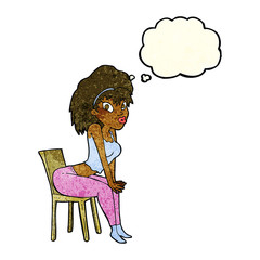 cartoon woman posing on chair with thought bubble