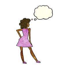 cartoon woman posing in dress with thought bubble