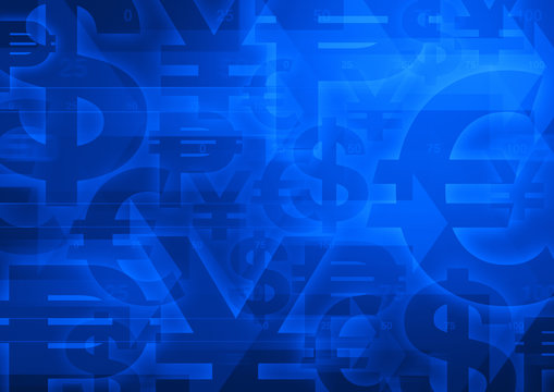 Currency symbol on bright blue for financial background