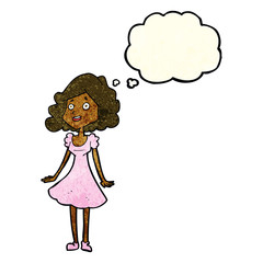 cartoon happy woman in dress with thought bubble