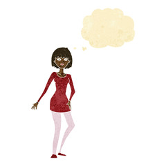 cartoon woman in dress with thought bubble