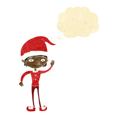 cartoon waving christmas elf with thought bubble