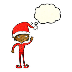 cartoon waving christmas elf with thought bubble