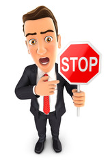 3d businessman stop sign, isolated white background