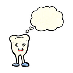 cartoon happy tooth with thought bubble