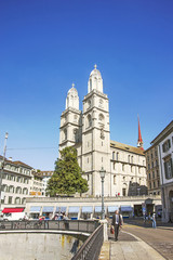 Naklejka premium Zurich city center and Grossmunster in summer in Switzerland