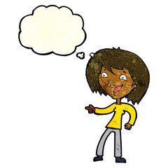 cartoon woman laughing and pointing with thought bubble