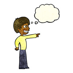 cartoon grinning boy pointing with thought bubble