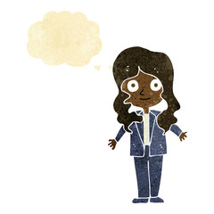 cartoon friendly business woman with thought bubble