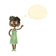 cartoon hippie woman waving with thought bubble