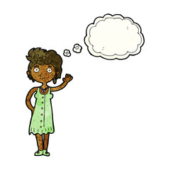 cartoon hippie woman waving with thought bubble