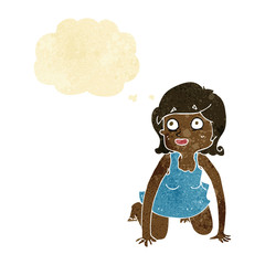 cartoon woman on all fours with thought bubble