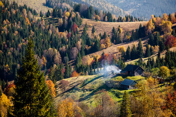 Small village in autumn Carpathian mountains