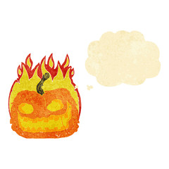 cartoon spooky pumpkin with thought bubble