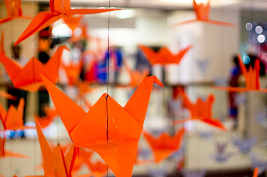 Origami cranes hanging from a thread