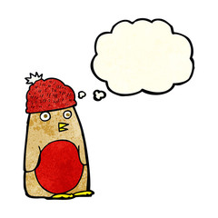 cartoon robin in hat with thought bubble