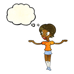 cartoon woman with arms spread wide with thought bubble