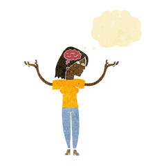 cartoon intelligent woman with thought bubble