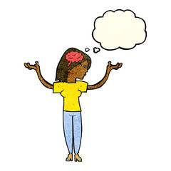 cartoon intelligent woman with thought bubble