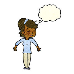 cartoon friendly woman shrugging shoulders with thought bubble