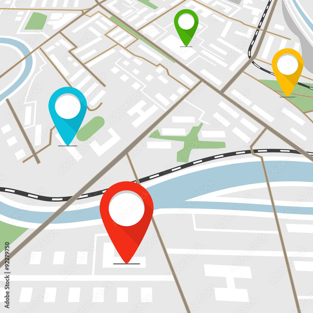 Poster abstract city map with color pins