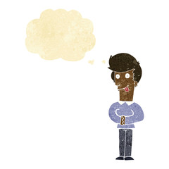 cartoon man sticking out tongue with thought bubble