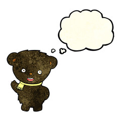 cartoon black bear waving with thought bubble