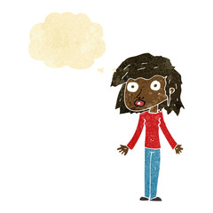 cartoon girl shrugging shoulders with thought bubble