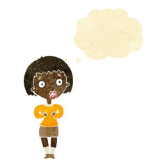 cartoon woman making Who Me? gesture with thought bubble