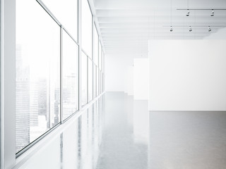 Fototapeta na wymiar Mock up of empty white gallery interior and big windows. 3d