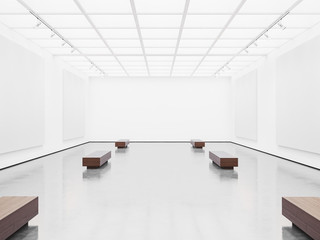 Mock up of open space gallery interior with white canvas. 3d