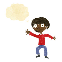 Obraz na płótnie Canvas cartoon boy waving warning with thought bubble