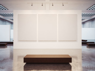 Mock up of empty gallery interior with brown bench. 3d render