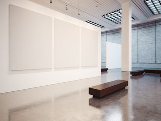 Mockup of empty gallery with bench. 3d render