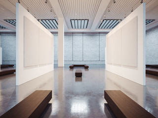 Mock up of empty gallery interior with four brown bench. 3d