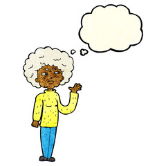 cartoon annoyed old woman waving with thought bubble