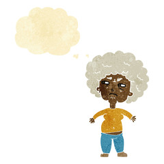 cartoon annoyed old woman with thought bubble