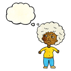 cartoon annoyed old woman with thought bubble