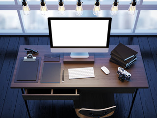 Mock up of modern workspace with window. 3D rendering