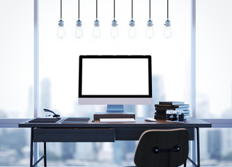 Mock up of modern workspace with windows and lamps. 3D rendering