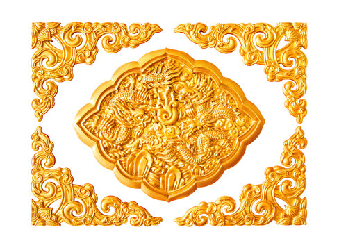 Golden dragon stucco decoration elements on white with frame