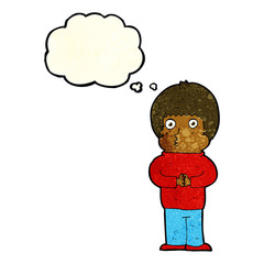 cartoon shy boy with thought bubble