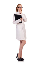 Pretty female doctor holding diary isolated on white